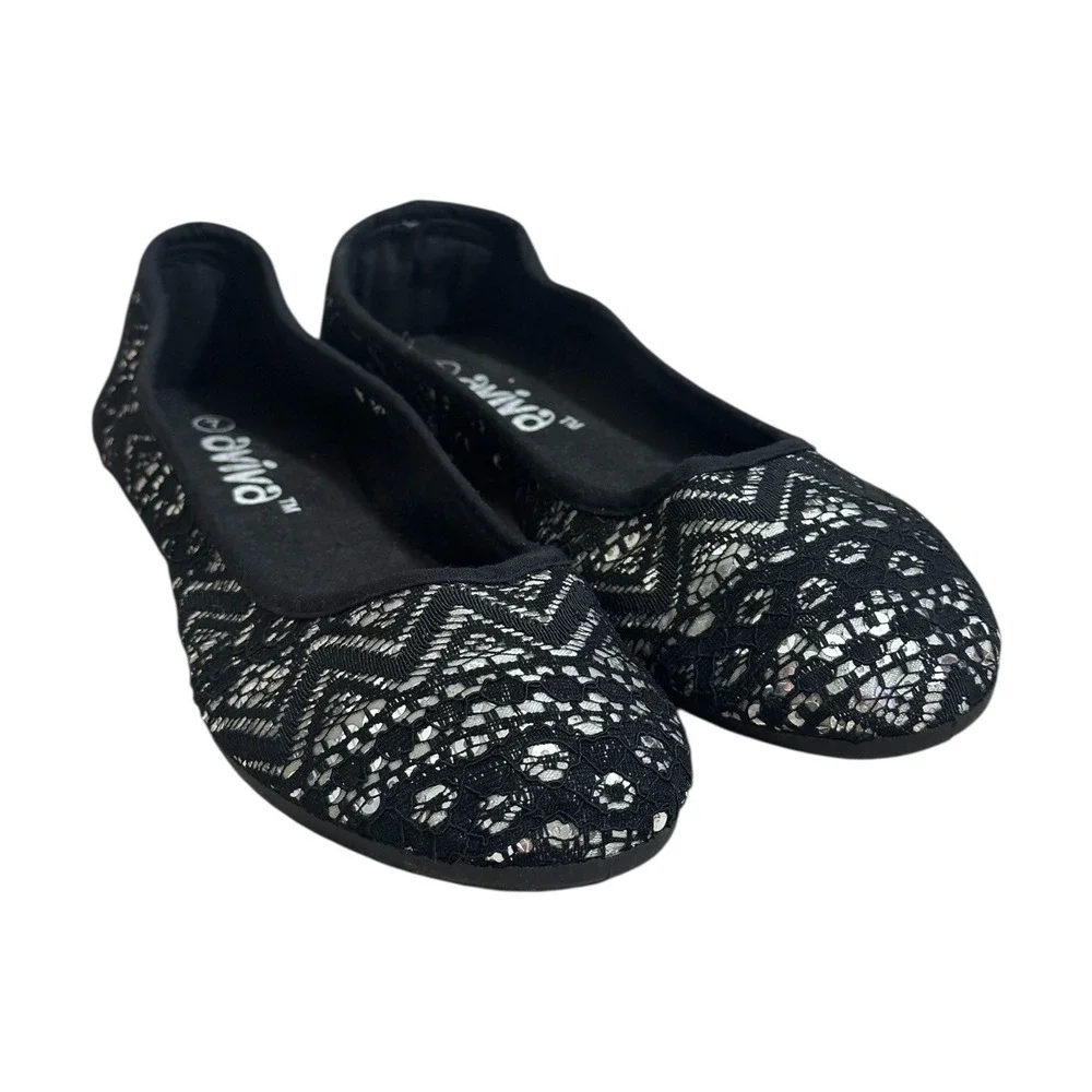 Aviva Black Silver Lace Ballet Flats Round Toe Slip On Shoes Women's Size 7‎
